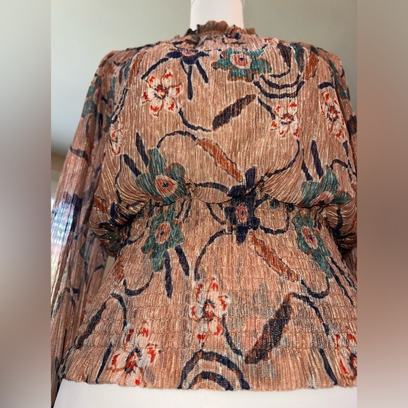 Joie Blouse Top Gold Shimmer Ruffles Sz S Floral Romantic Flirty Coquettish - Picture 7 of 9